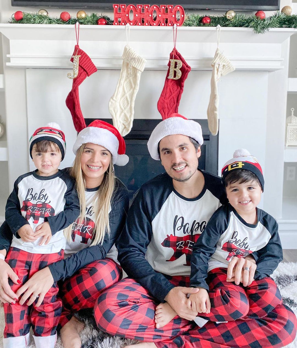 IFFEI Matching Family Pajamas Sets Christmas PJ's with Bear Printed Tee and Plaid Bottom Loungewear