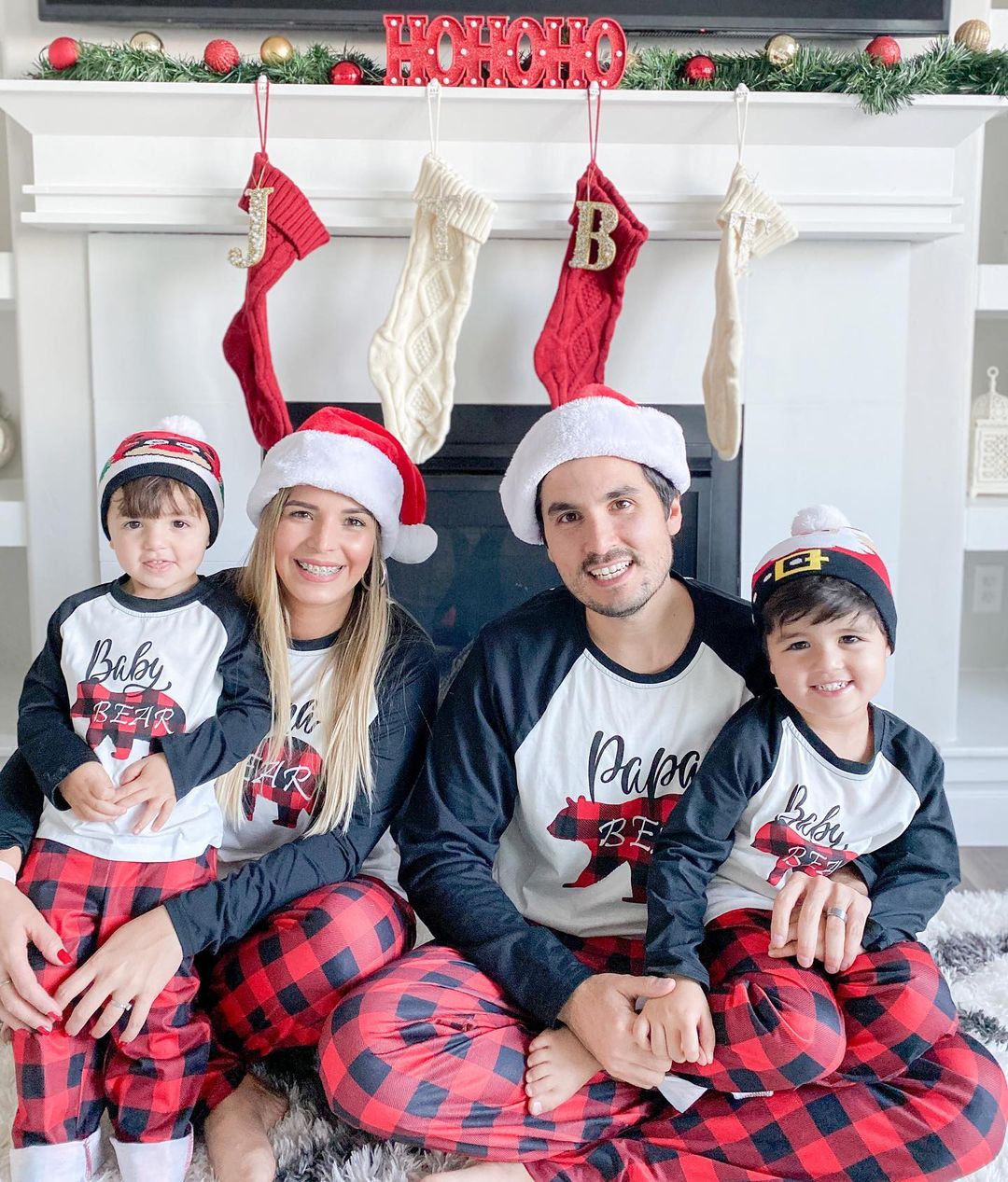 IFFEI Matching Family Pajamas Sets Christmas PJ's with Bear Printed Tee and Plaid Bottom Loungewear