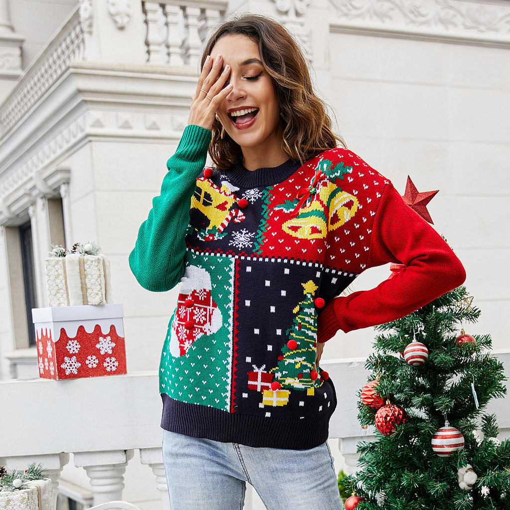 IFFEI Womens Ugly Christmas Sweater Novelty Print Crew Neck Sweater Square
