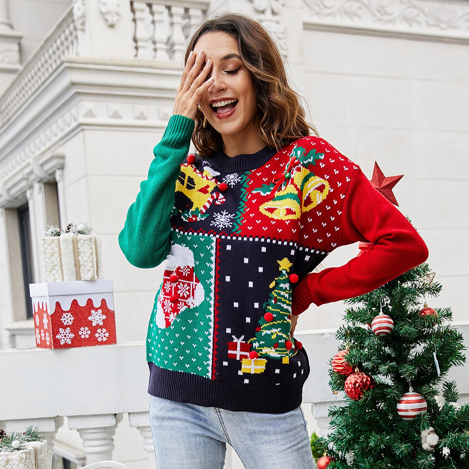 IFFEI Womens Ugly Christmas Sweater Novelty Print Crew Neck Sweater Square