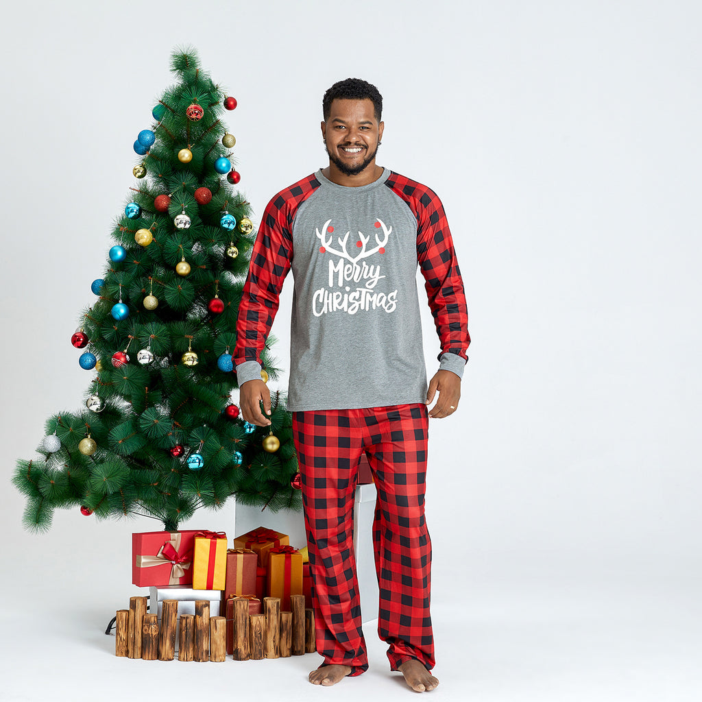 IFFEI Matching Family Pajamas Sets Christmas PJ's with Letter and Plaid Printed Long Sleeve Tee and Bottom Loungewear