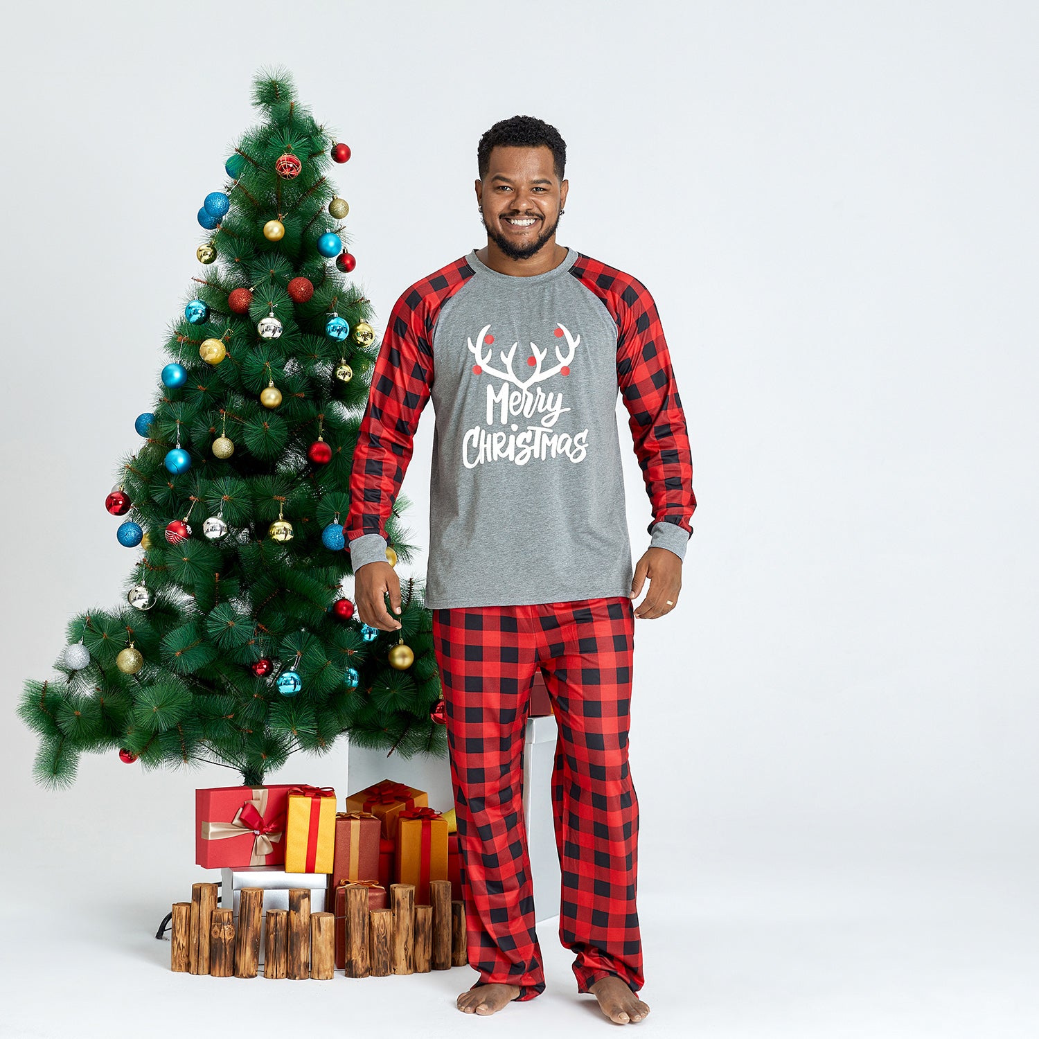 IFFEI Matching Family Pajamas Sets Christmas PJ's with Letter and Plaid Printed Long Sleeve Tee and Bottom Loungewear