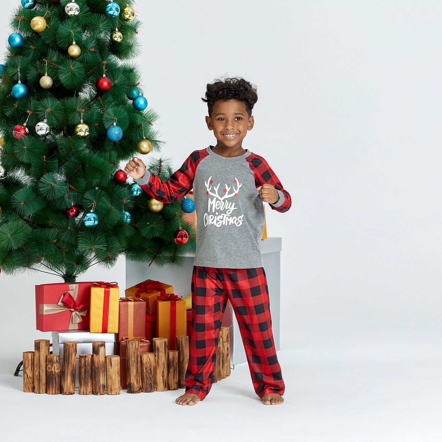 IFFEI Matching Family Pajamas Sets Christmas PJ's with Letter and Plaid Printed Long Sleeve Tee and Bottom Loungewear
