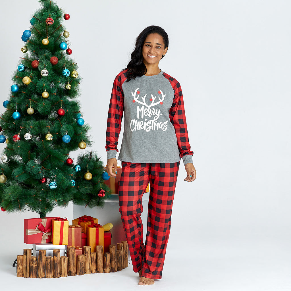 IFFEI Matching Family Pajamas Sets Christmas PJ's with Letter and Plaid Printed Long Sleeve Tee and Bottom Loungewear