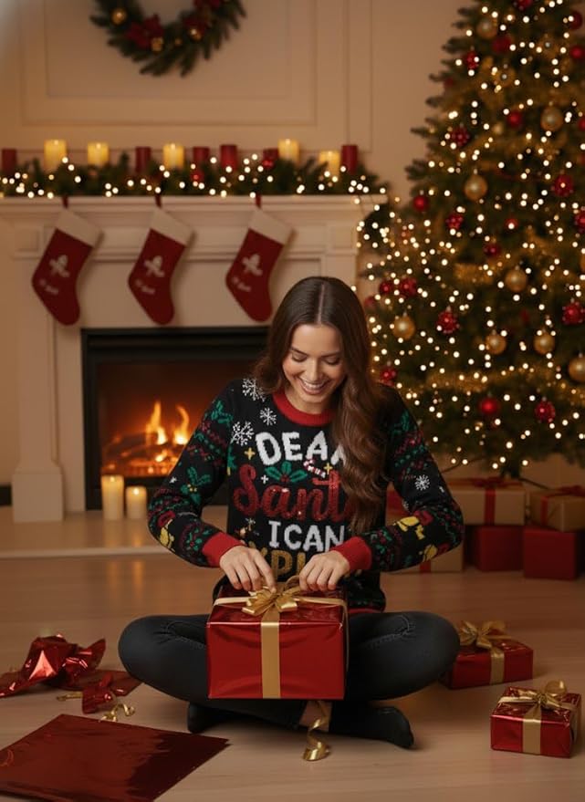 IFFEI Womens Ugly Christmas Sweater Novelty Print Crew Neck Sweater Pullover