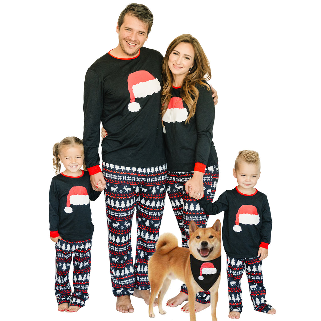 IFFEI Matching Family Pajamas Sets Christmas PJ's with Santa Hat Tee and Festival Style Pants Loungewear with Pocket