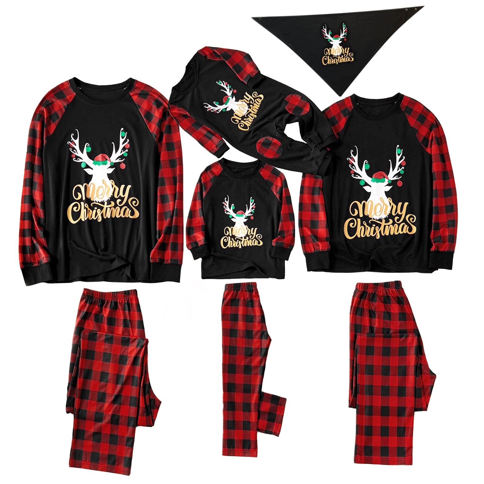 IFFEI Matching Family Pajamas Sets Christmas PJ's with Letter and Plaid Printed Long Sleeve Tee and Bottom Loungewear