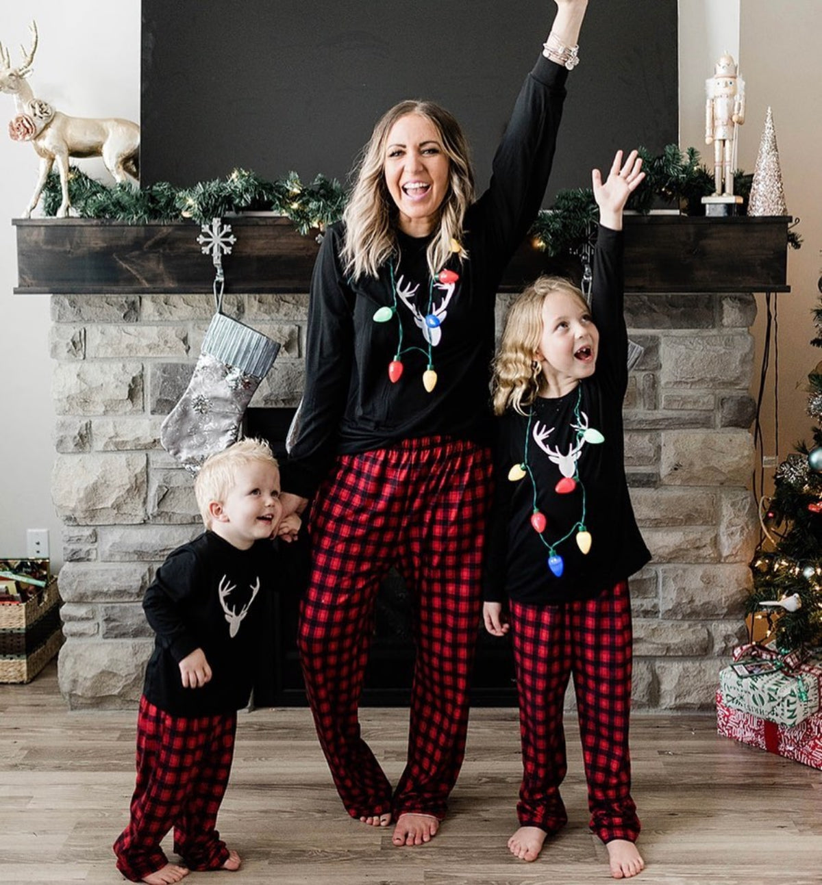 IFFEI Matching Family Pajamas Sets Christmas PJ's with Deer Long Sleeve Tee and Plaid Pants Loungewear