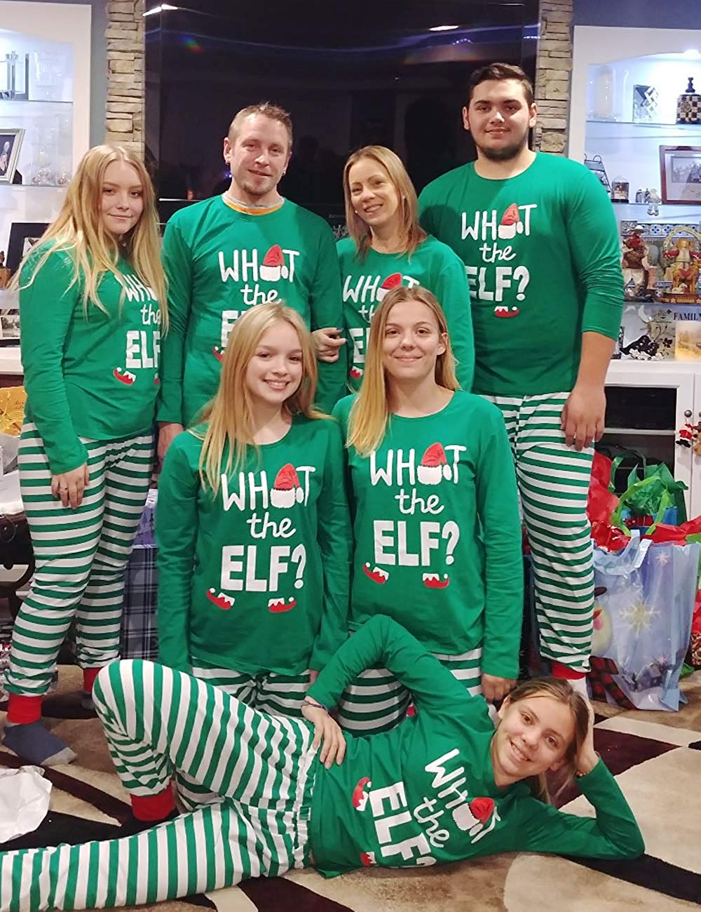 IFFEI Matching Family Christmas Pajamas Sets Holiday PJ's with ELF Printing Long Sleeve Tee and Striped Pants with Pocket