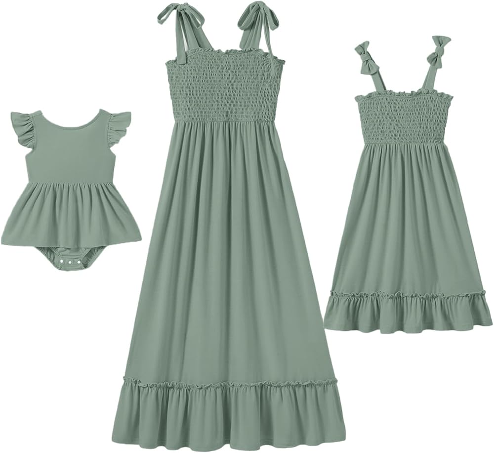 IFFEI Mommy and Me Dresses Summer Matching Outfits Spaghetti Strap Square Neck Ruffle A Line Beach Long Maxi Dress