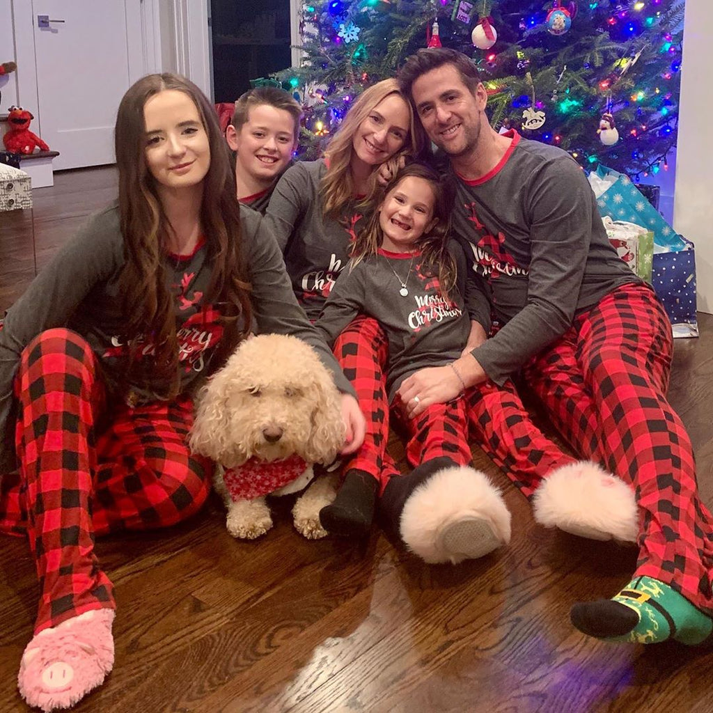 IFFEI Matching Family Pajamas Sets Christmas PJ's Sleepwear Merry Christmas Reindeer with Plaid Bottom with Pocket