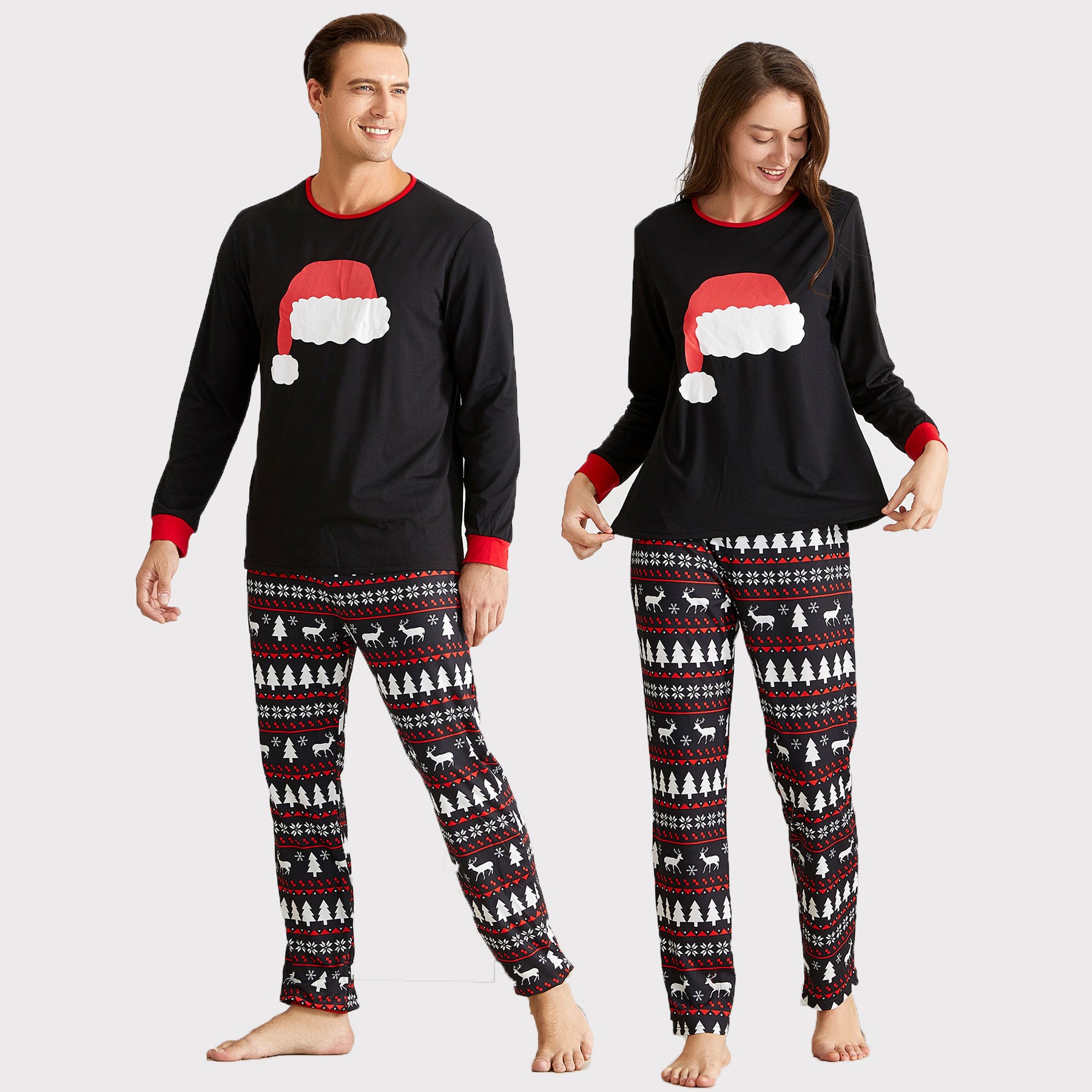 IFFEI Matching Family Pajamas Sets Christmas PJ's with Santa Hat Tee and Festival Style Pants Loungewear with Pocket