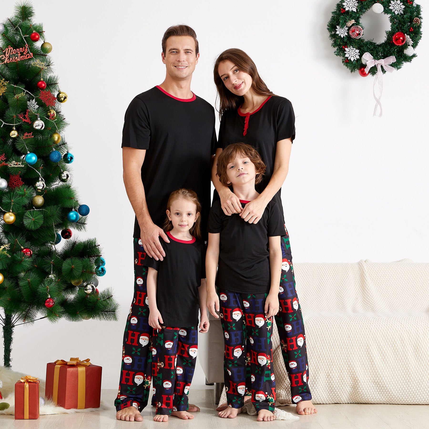 IFFEI Matching Family Pajamas Sets Christmas PJ's with Short Sleeve Black Tee and HOHOHO Print Pants Loungewear with Pocket