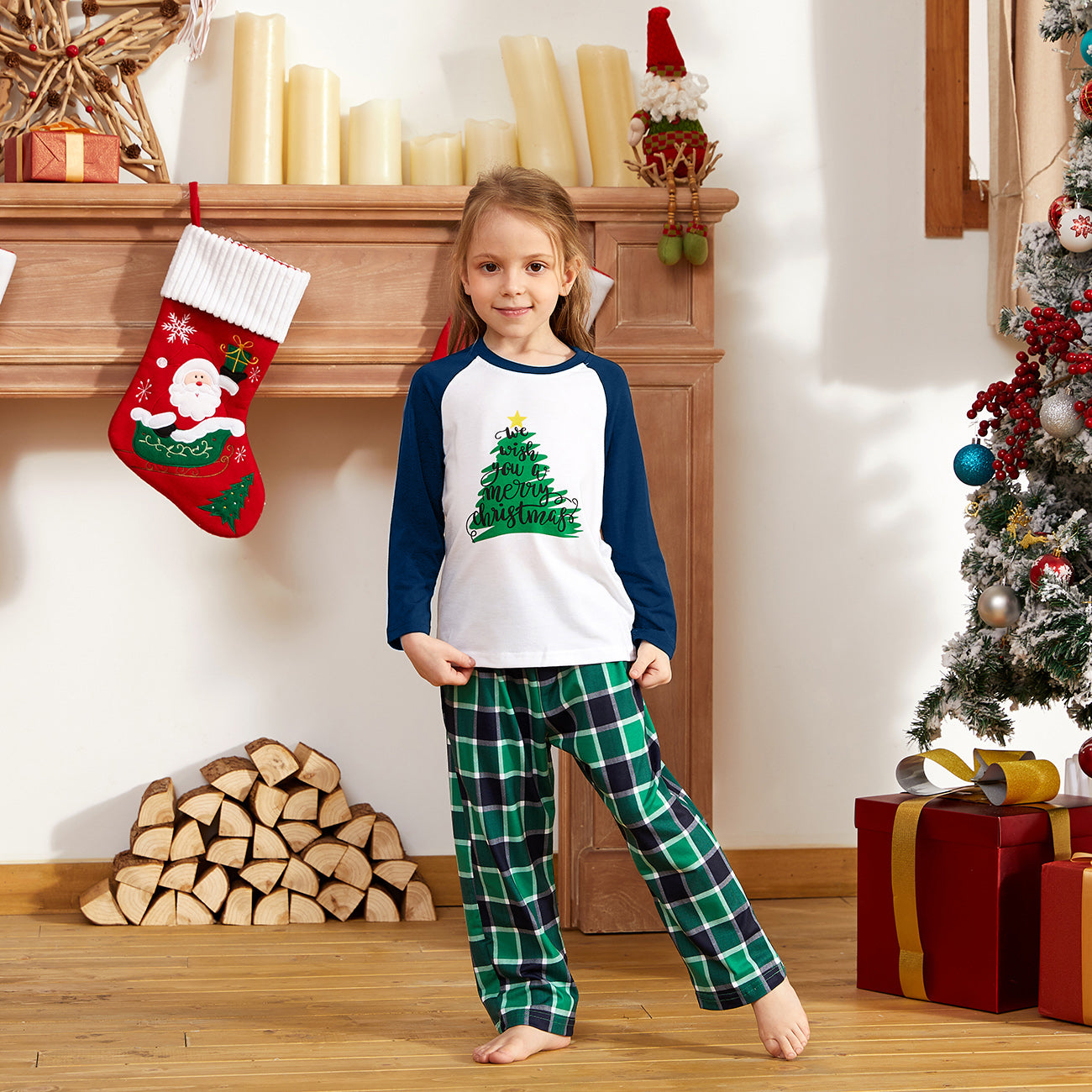 IFFEI Family Christmas Pajamas Matching Sets Tree Printed Shirt and Plaid Pants Jammies with Pockets