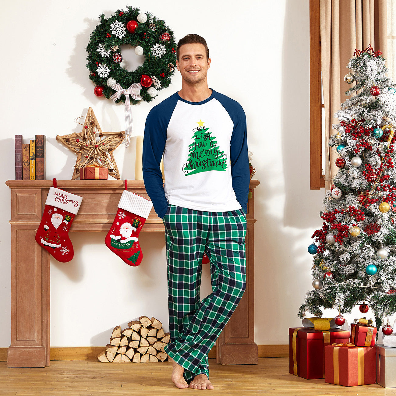 IFFEI Family Christmas Pajamas Matching Sets Tree Printed Shirt and Plaid Pants Jammies with Pockets