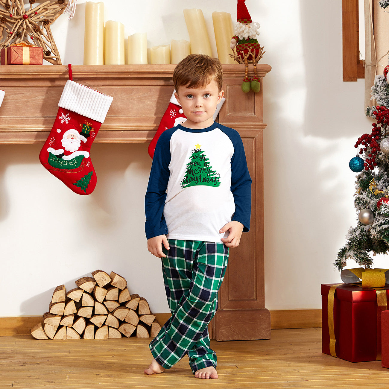 IFFEI Family Christmas Pajamas Matching Sets Tree Printed Shirt and Plaid Pants Jammies with Pockets