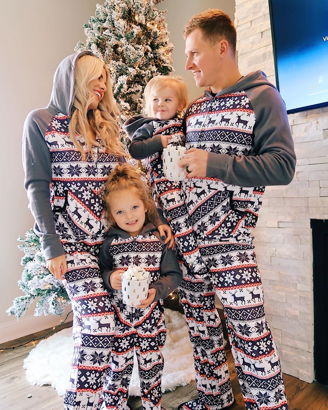 IFFEI Matching Family Footed Pajamas Hoodie Sleeper Christmas PJ's Festival Snowflake Plush Cozy Warm Onesie with Pockets