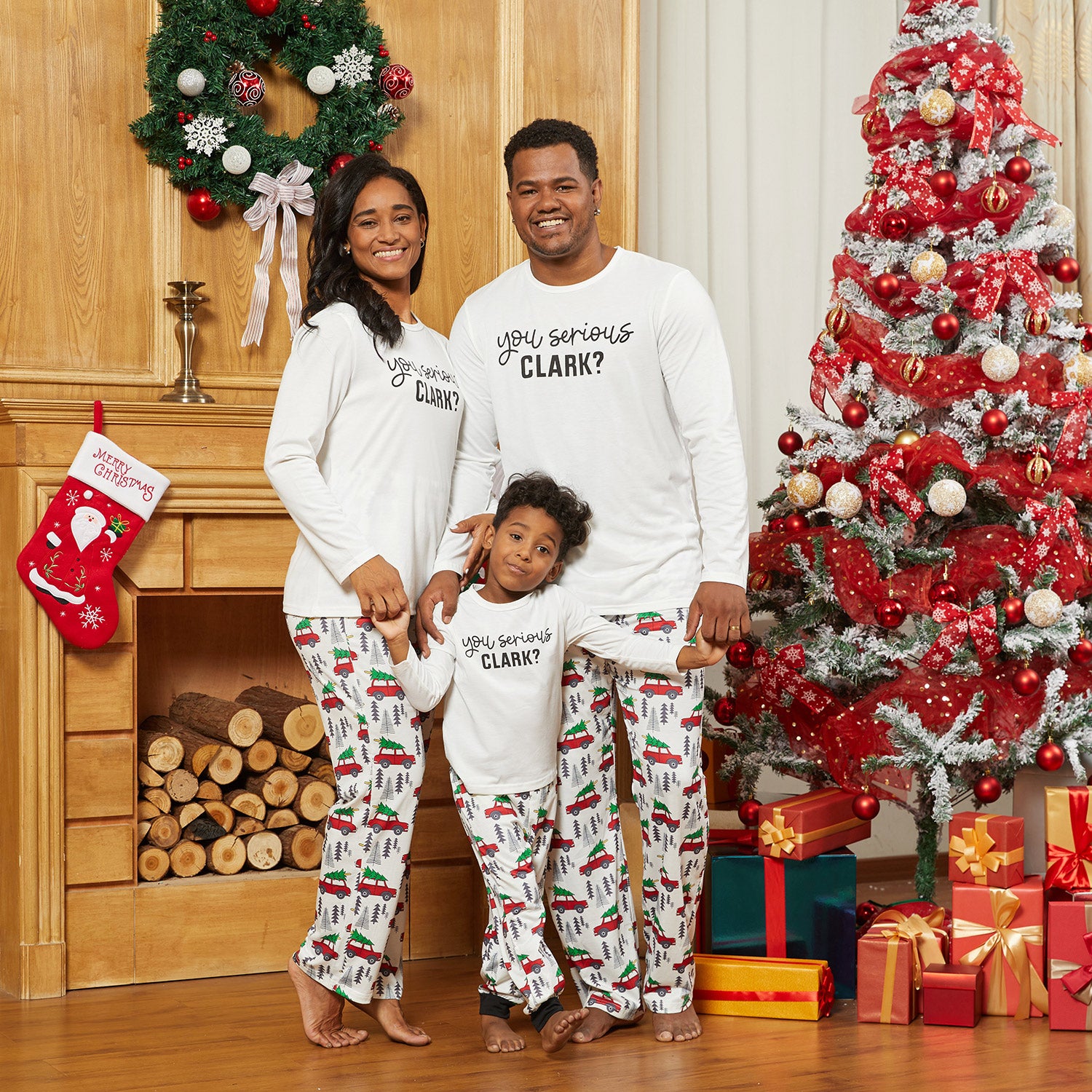 IFFEI Matching Family Pajamas Sets Holiday Stay at Home PJ's with Letter Printed Tee and Car Printed Pants with Pocket