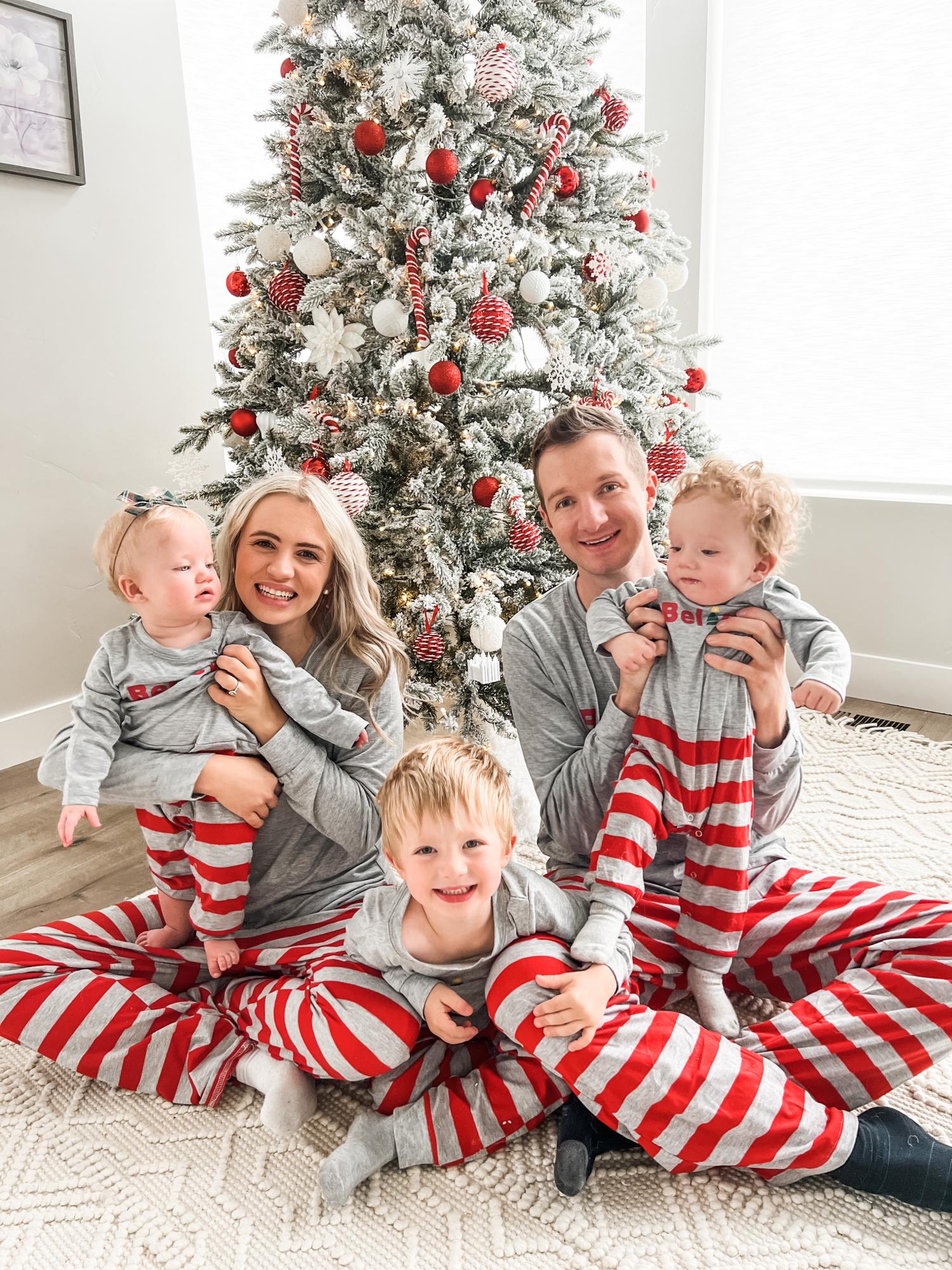 IFFEI Family Matching Pajamas Set Christmas PJ's Sleepwear Believe Printed Top and Striped Bottom with Pocket