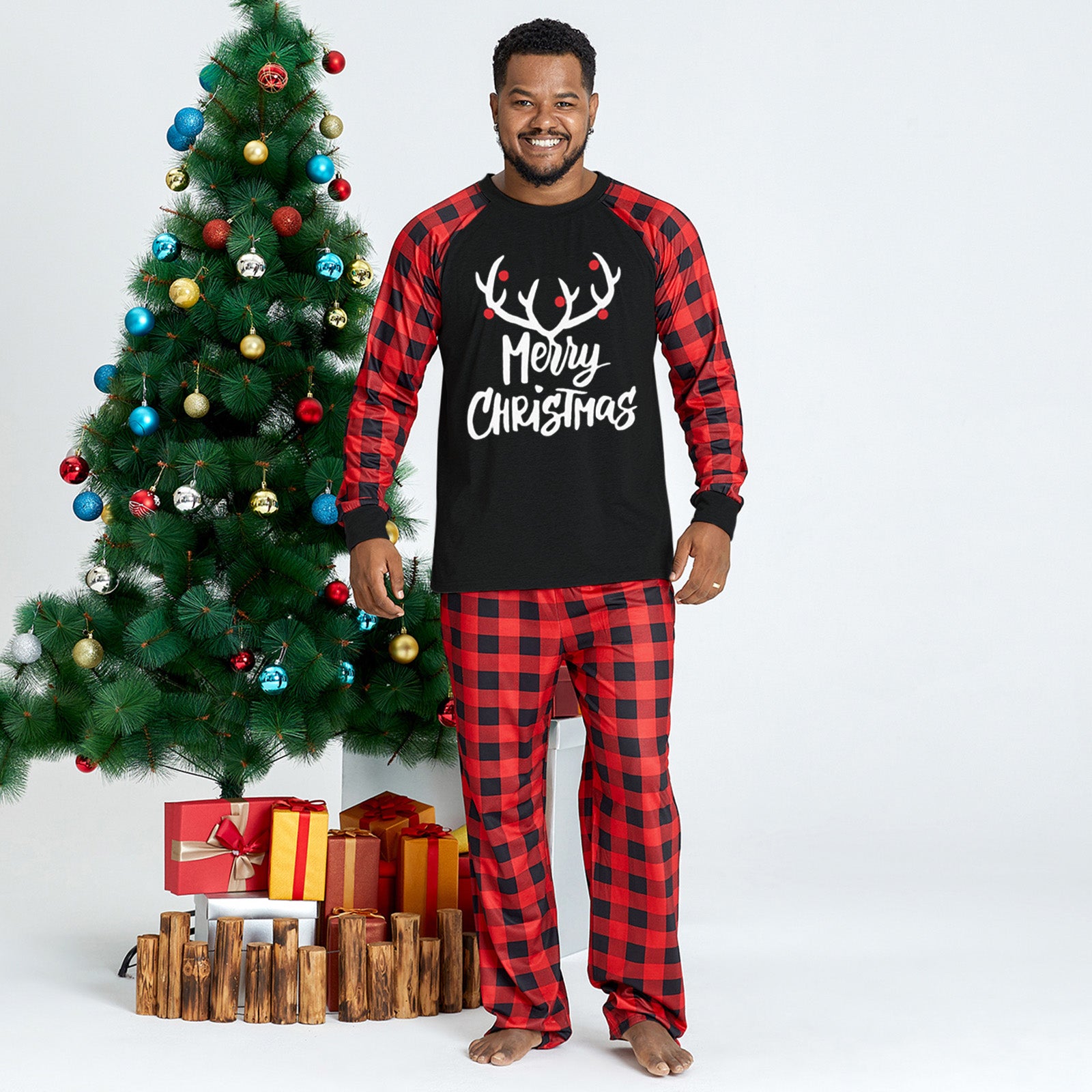 IFFEI Matching Family Pajamas Sets Christmas PJ's with Letter and Plaid Printed Long Sleeve Tee and Bottom Loungewear