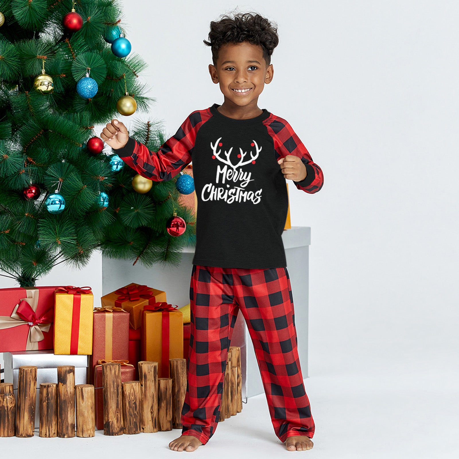 IFFEI Matching Family Pajamas Sets Christmas PJ's with Letter and Plaid Printed Long Sleeve Tee and Bottom Loungewear