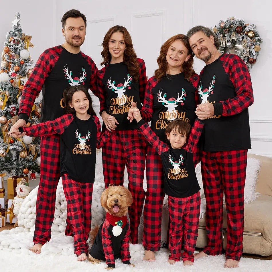 IFFEI Matching Family Pajamas Sets Christmas PJ's with Letter and Plaid Printed Long Sleeve Tee and Bottom Loungewear