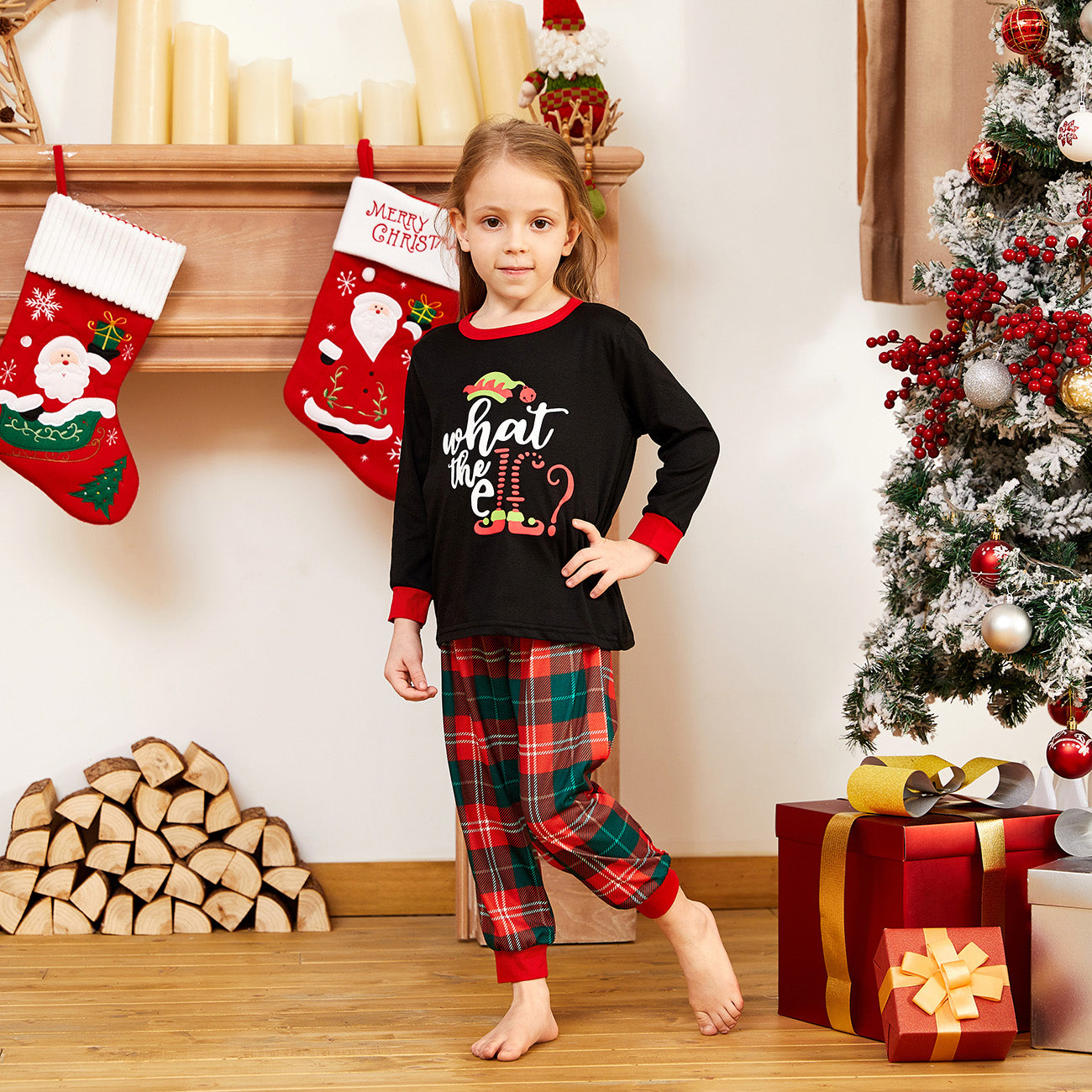 IFFEI Christmas Pajamas for Family Matching PJ's Sets with ELF Printed Long Sleeve Tee and Plaid Bottom with Pocket