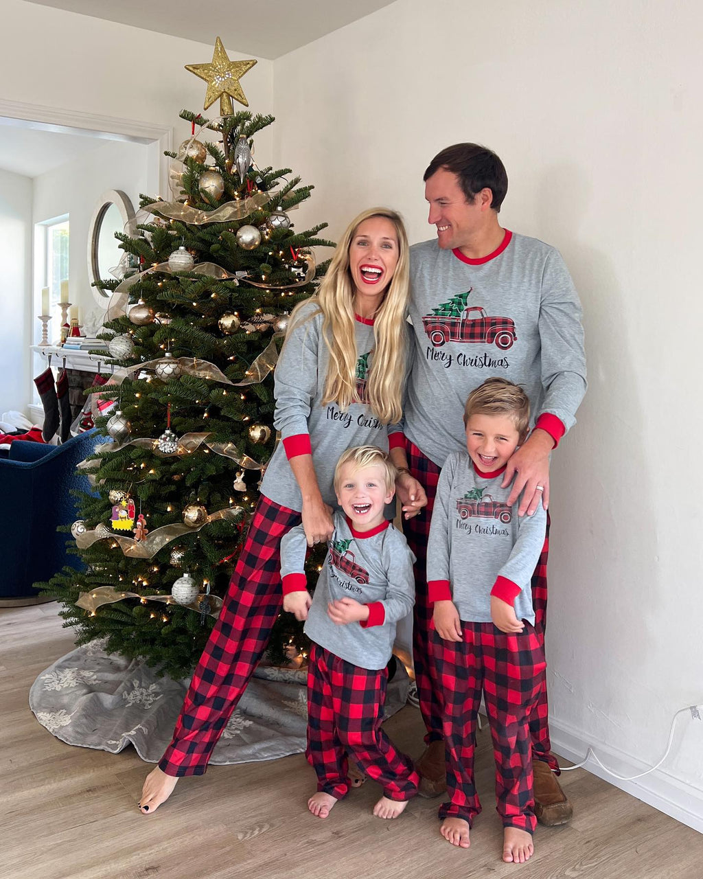 IFFEI Matching Family Pajamas Sets Christmas PJ's Sleepwear Truck Print Top and Plaid Pants with Pocket