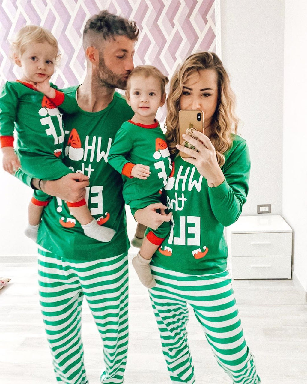 IFFEI Matching Family Christmas Pajamas Sets Holiday PJ's with ELF Printing Long Sleeve Tee and Striped Pants with Pocket