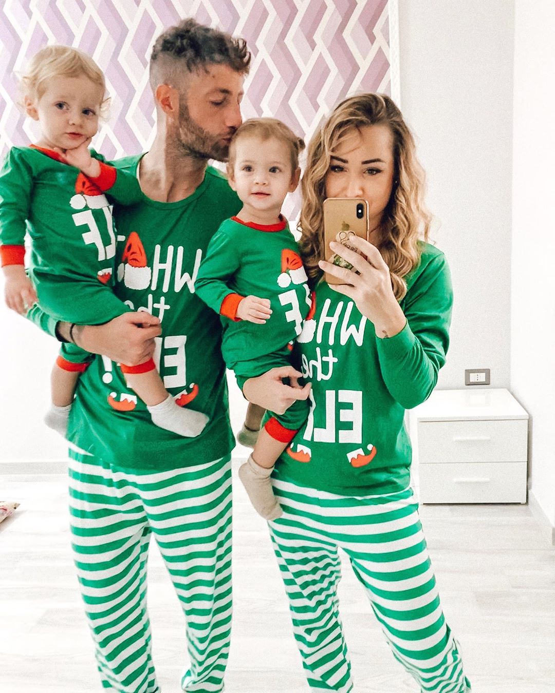 IFFEI Matching Family Christmas Pajamas Sets Holiday PJ's with ELF Printing Long Sleeve Tee and Striped Pants with Pocket