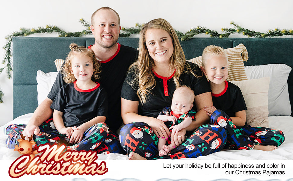 IFFEI Matching Family Pajamas Sets Christmas PJ's with Short Sleeve Black Tee and HOHOHO Print Pants Loungewear with Pocket
