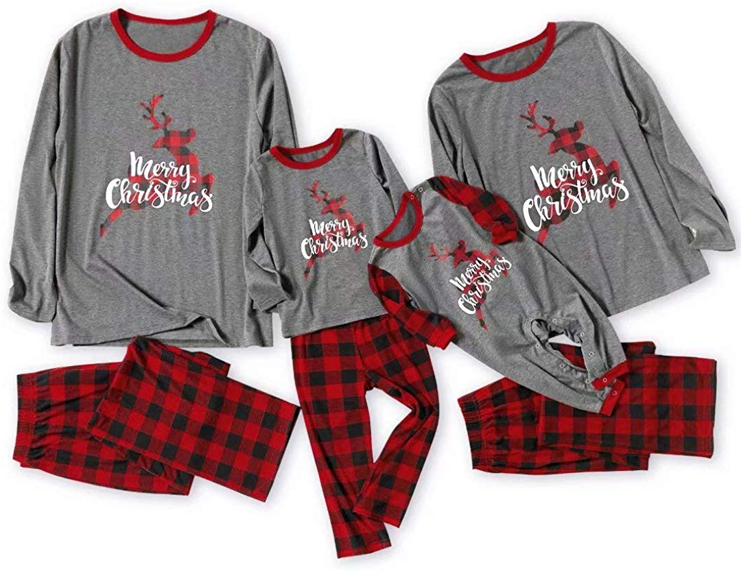 IFFEI Matching Family Pajamas Sets Christmas PJ's Sleepwear Merry Christmas Reindeer with Plaid Bottom with Pocket