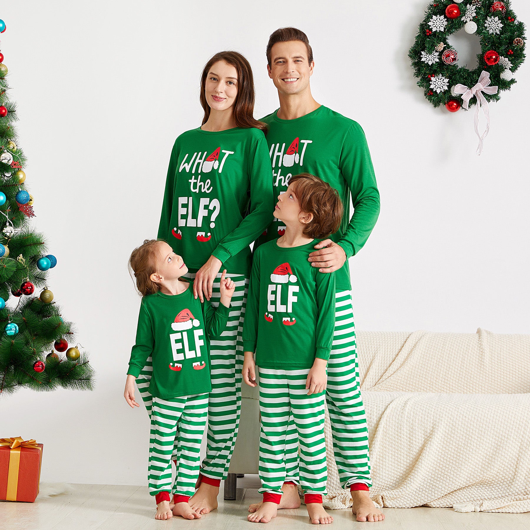 IFFEI Matching Family Christmas Pajamas Sets Holiday PJ's with ELF Printing Long Sleeve Tee and Striped Pants with Pocket