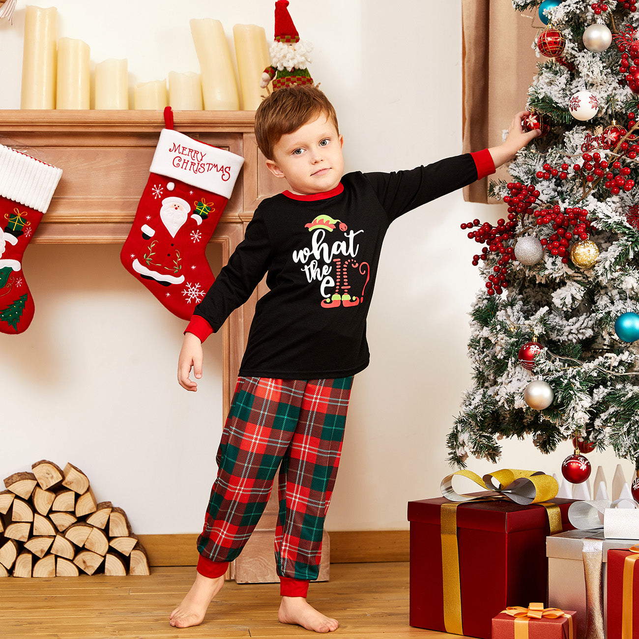 IFFEI Christmas Pajamas for Family Matching PJ's Sets with ELF Printed Long Sleeve Tee and Plaid Bottom with Pocket