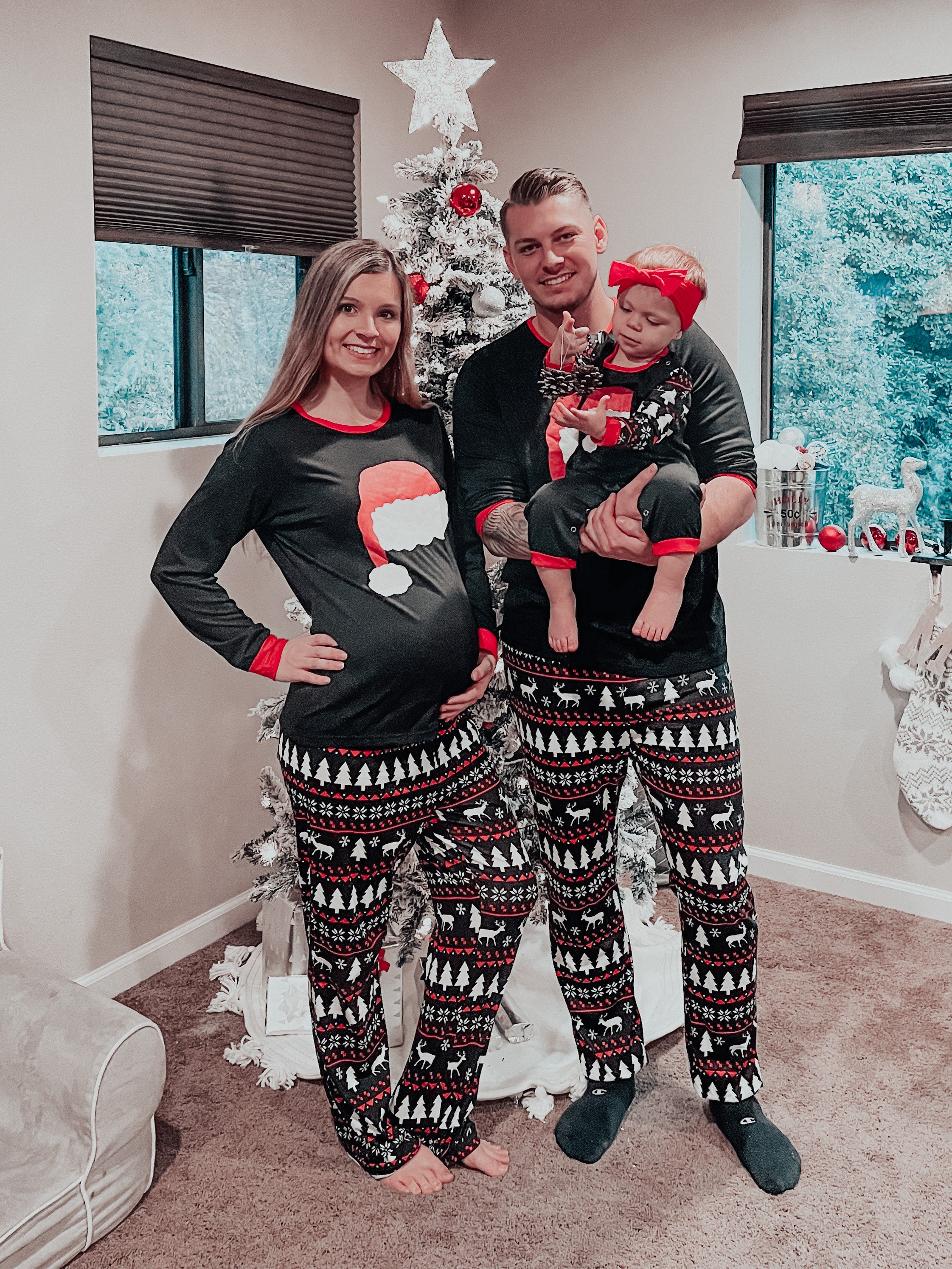 IFFEI Matching Family Pajamas Sets Christmas PJ's with Santa Hat Tee and Festival Style Pants Loungewear with Pocket