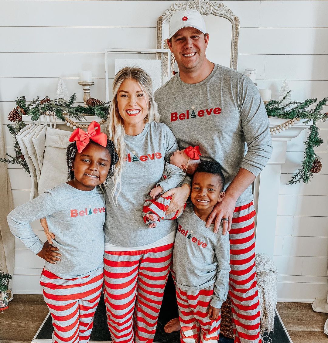 IFFEI Family Matching Pajamas Set Christmas PJ's Sleepwear Believe Printed Top and Striped Bottom with Pocket