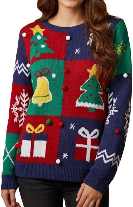 IFFEI Womens Ugly Christmas Sweater Novelty Print Crew Neck Sweater Pullover