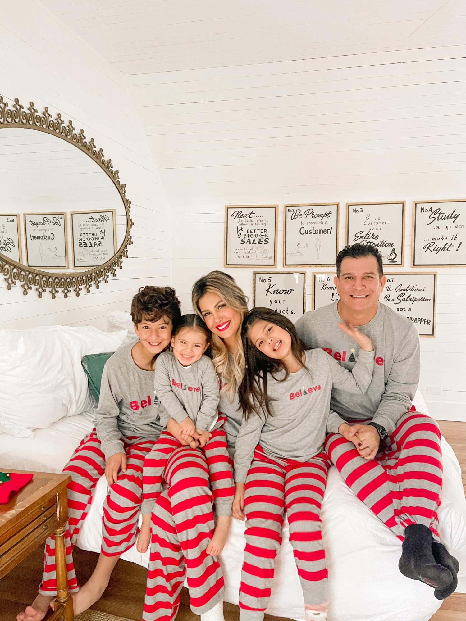 IFFEI Family Matching Pajamas Set Christmas PJ's Sleepwear Believe Printed Top and Striped Bottom with Pocket