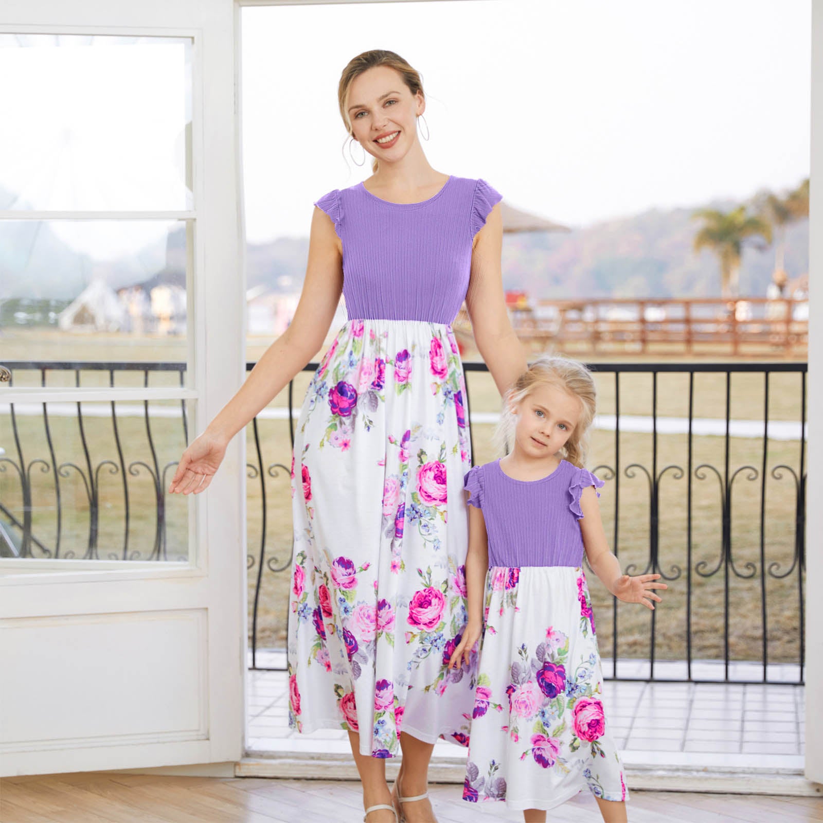 IFFEI Mommy and Me Dresses Matching Outfits Floral Printed Sleeveless Tank Maxi Dress for Mother and Daughter