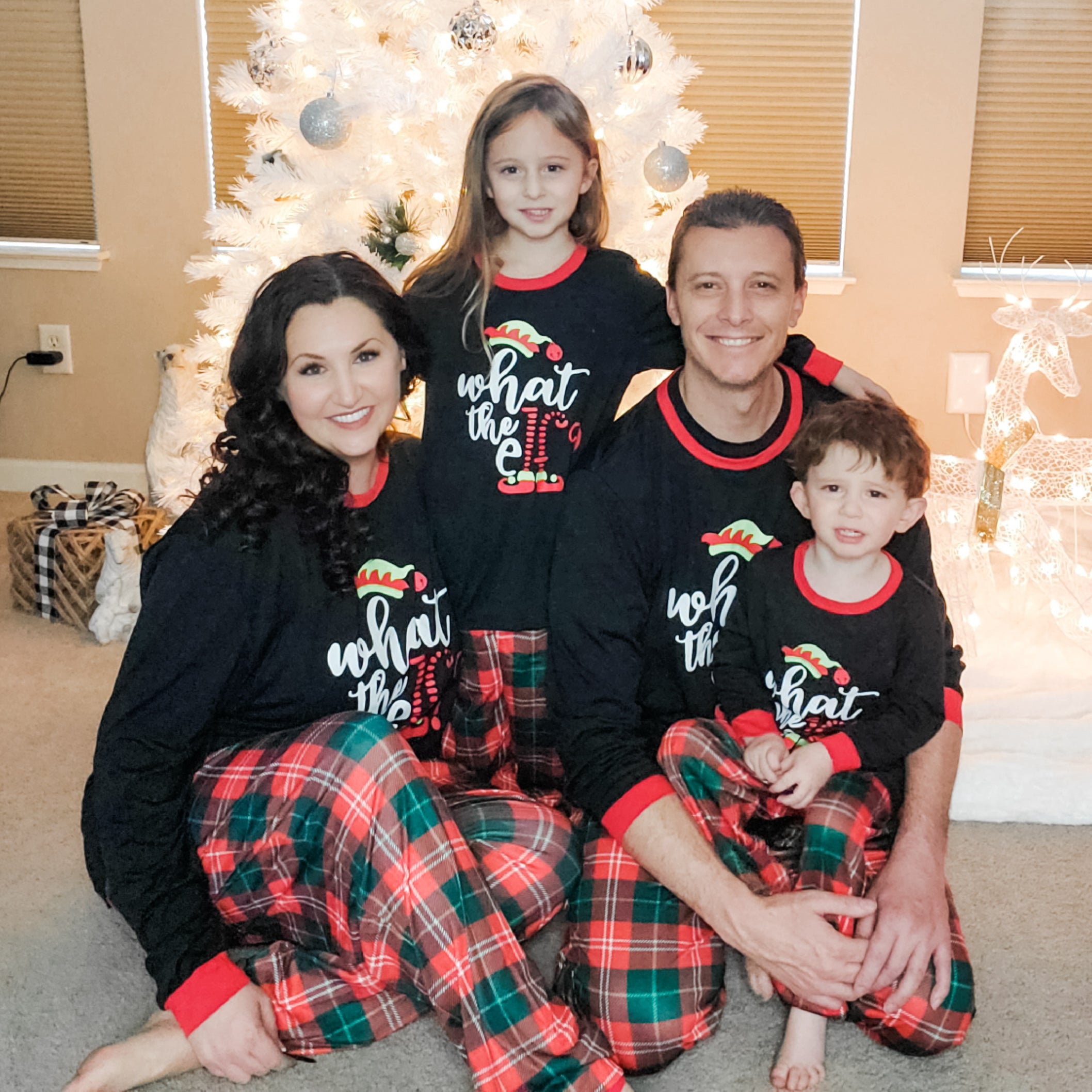 IFFEI Christmas Pajamas for Family Matching PJ's Sets with ELF Printed Long Sleeve Tee and Plaid Bottom with Pocket