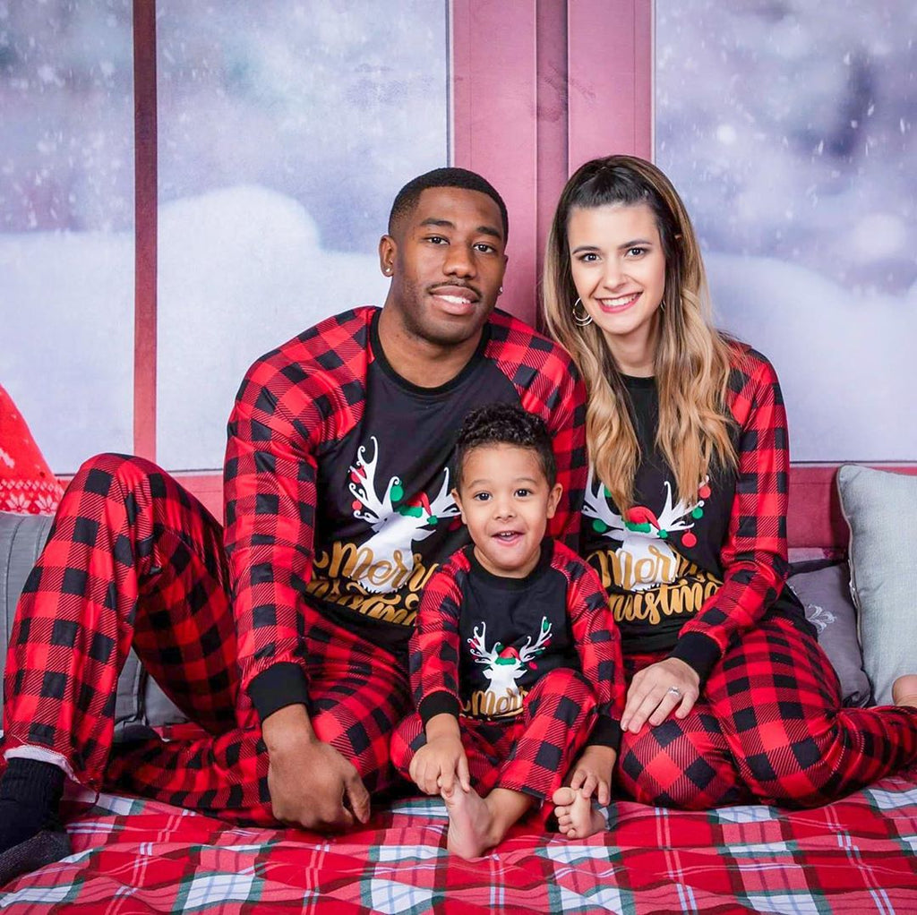IFFEI Matching Family Pajamas Sets Christmas PJ's with Letter and Plaid Printed Long Sleeve Tee and Bottom Loungewear