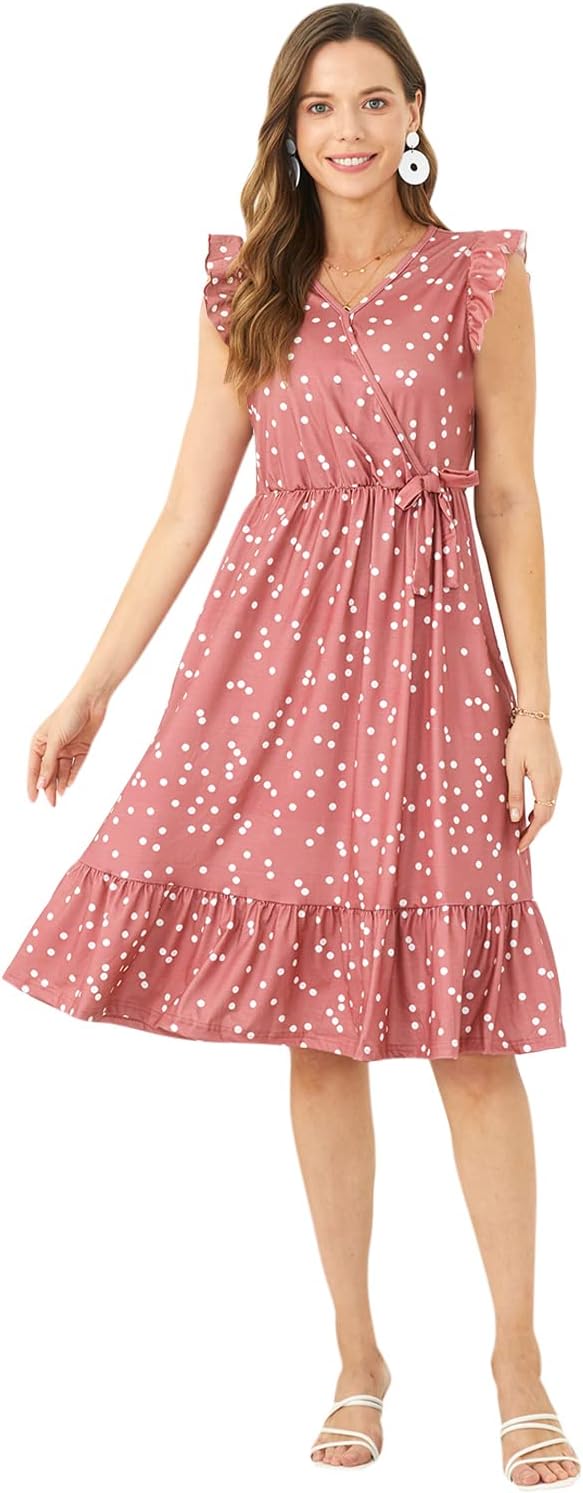 IFFEI Mommy and Me Dresses Outfits Family Matching Dots Pink Ruffle Flutter-Sleeve Dress for Mother and Daughter