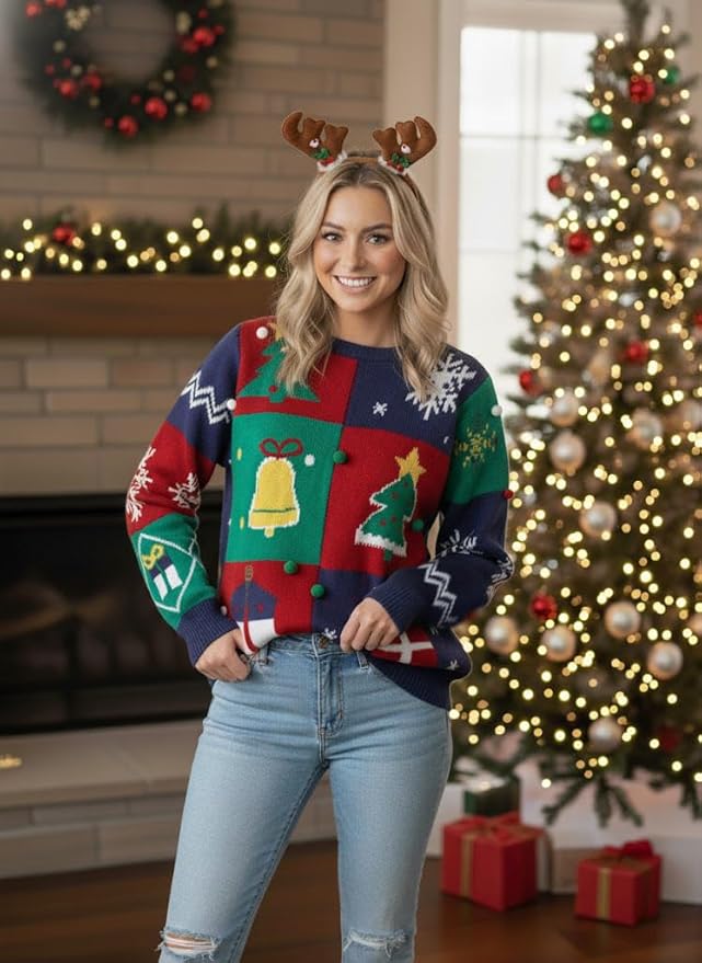 IFFEI Womens Ugly Christmas Sweater Novelty Print Crew Neck Sweater Pullover