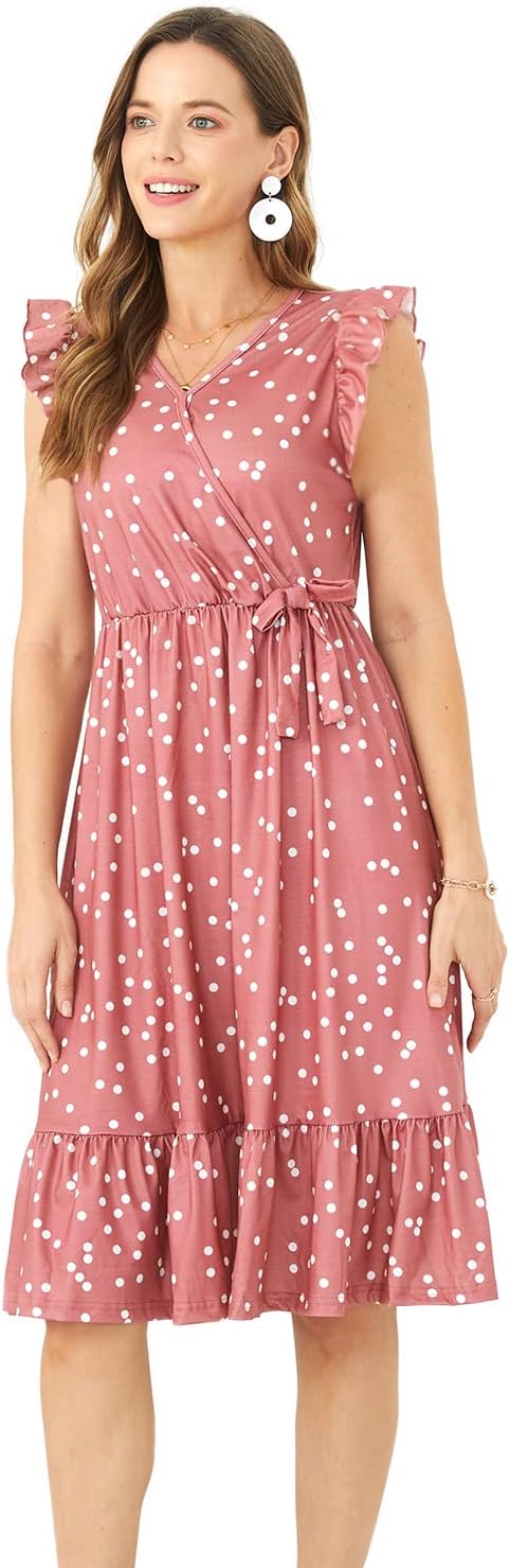 IFFEI Mommy and Me Dresses Outfits Family Matching Dots Pink Ruffle Flutter-Sleeve Dress for Mother and Daughter