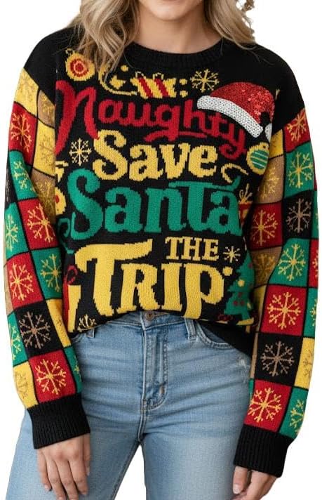 IFFEI Womens Ugly Christmas Sweater Novelty Print Crew Neck Sweater Pullover