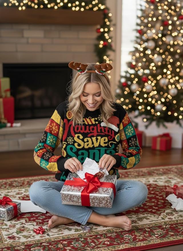 IFFEI Womens Ugly Christmas Sweater Novelty Print Crew Neck Sweater Pullover