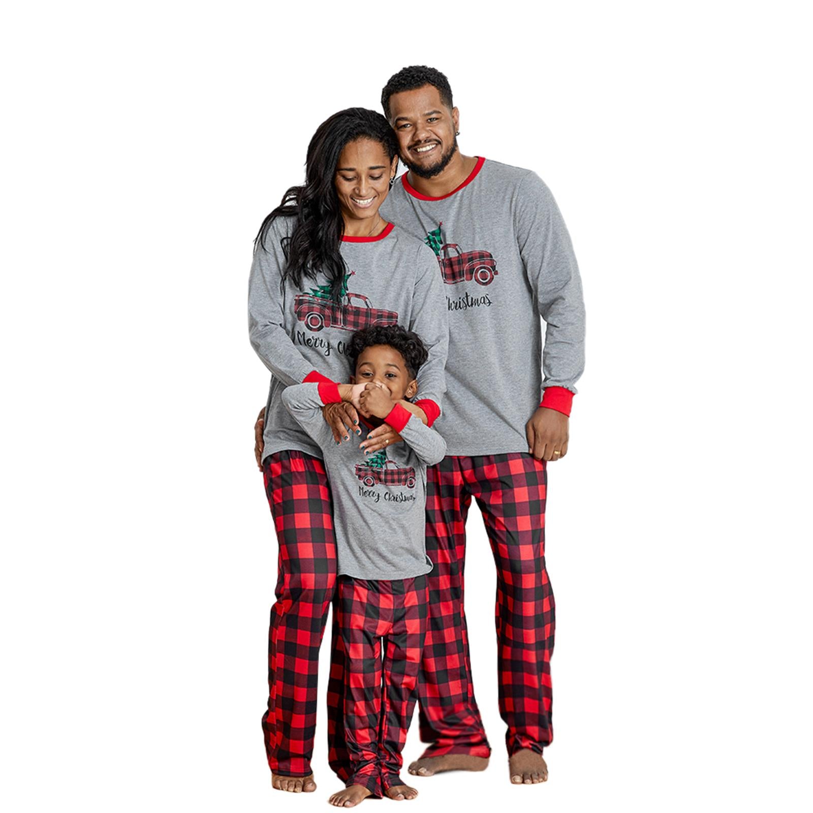 IFFEI Matching Family Pajamas Sets Christmas PJ's Sleepwear Truck Print Top and Plaid Pants with Pocket
