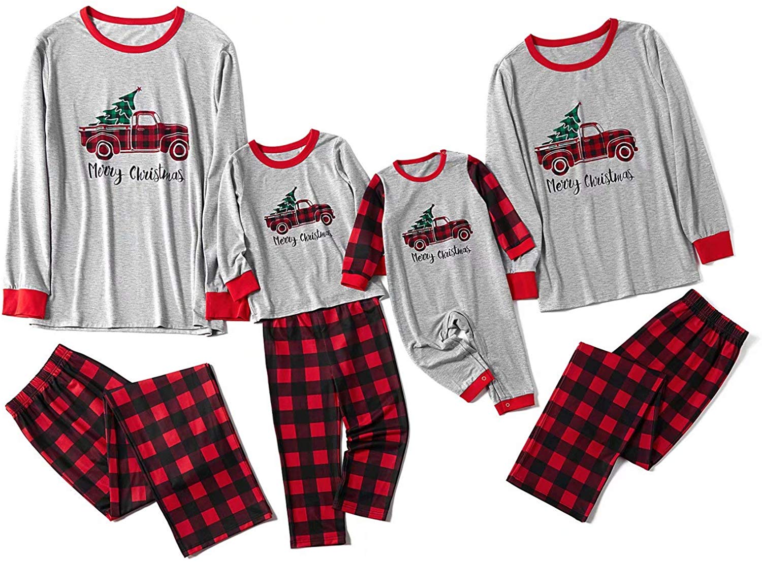 IFFEI Matching Family Pajamas Sets Christmas PJ's Sleepwear Truck Print Top and Plaid Pants with Pocket