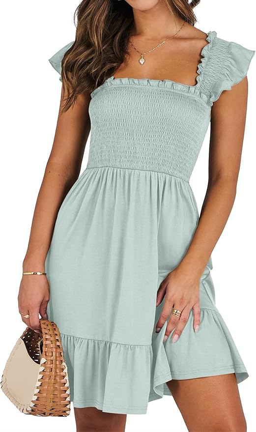 IFFEI Mommy and Me Matching Dresses Womens Smocked Ruffle Sleeve Mini Dress Vacation Beach Family Matching Outfits