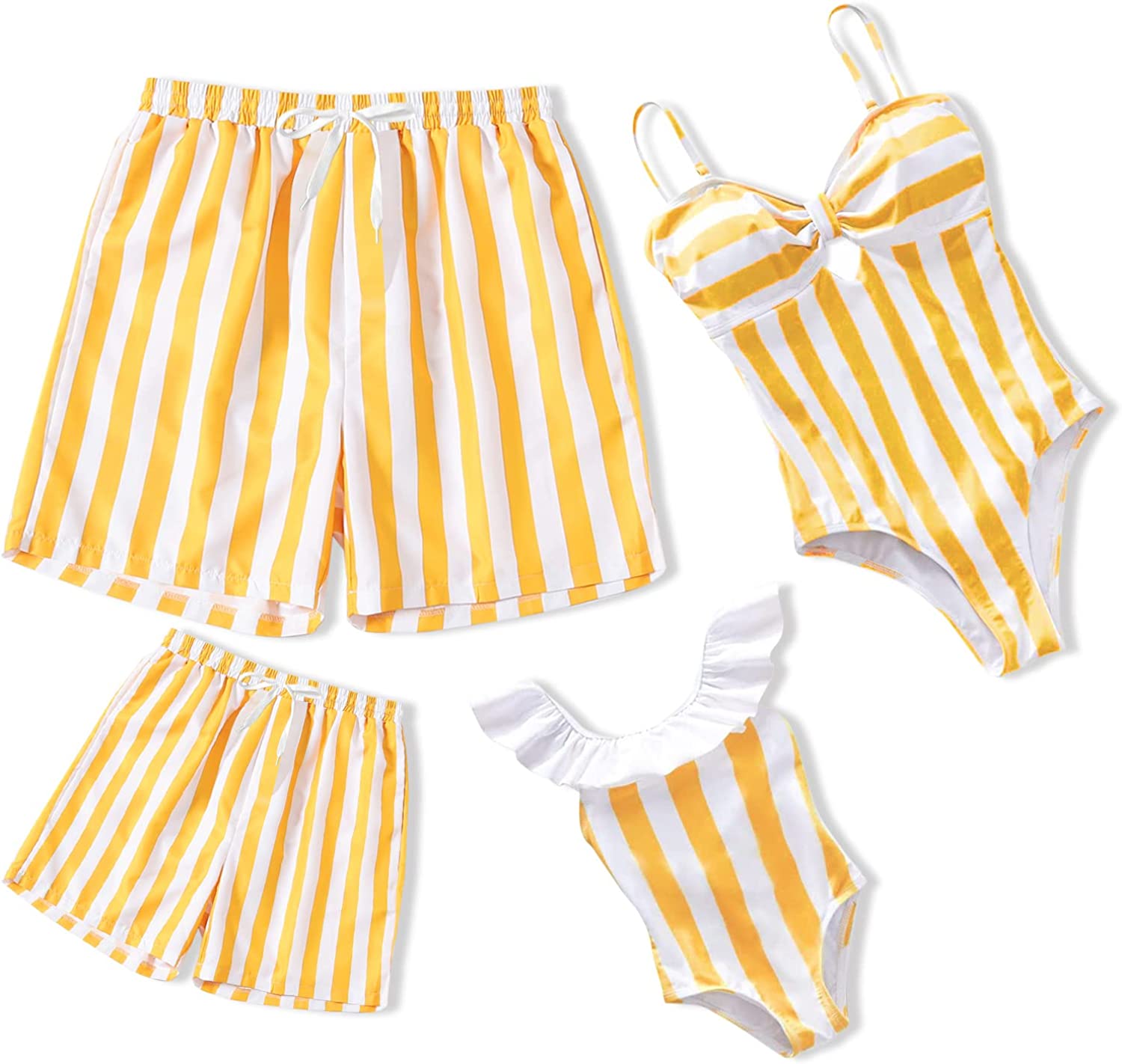 IFFEI Family Matching Swimsuits Women One Piece Tummy Control Bathing Suit Striped Hollow Out Cute Mommy and Me Swimwear